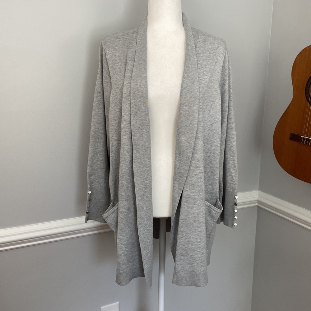 CJ Banks Gray Long Sleeve Lightweight Cardigan Sweater With Pockets